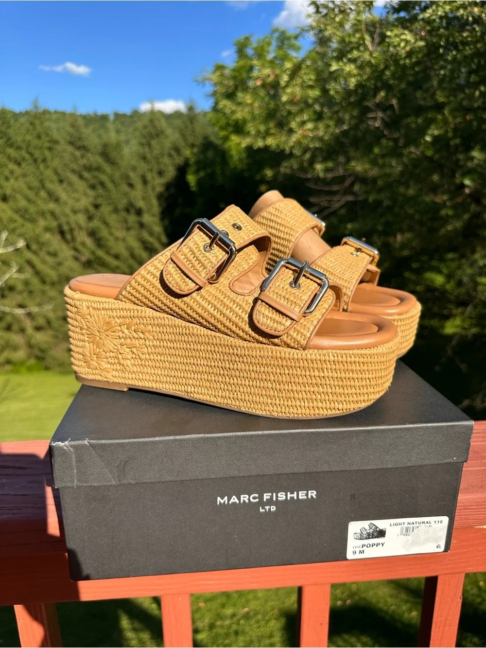 NIB! Marc Fisher Poppy Tan Woven Double-Buckle Platform Sandals